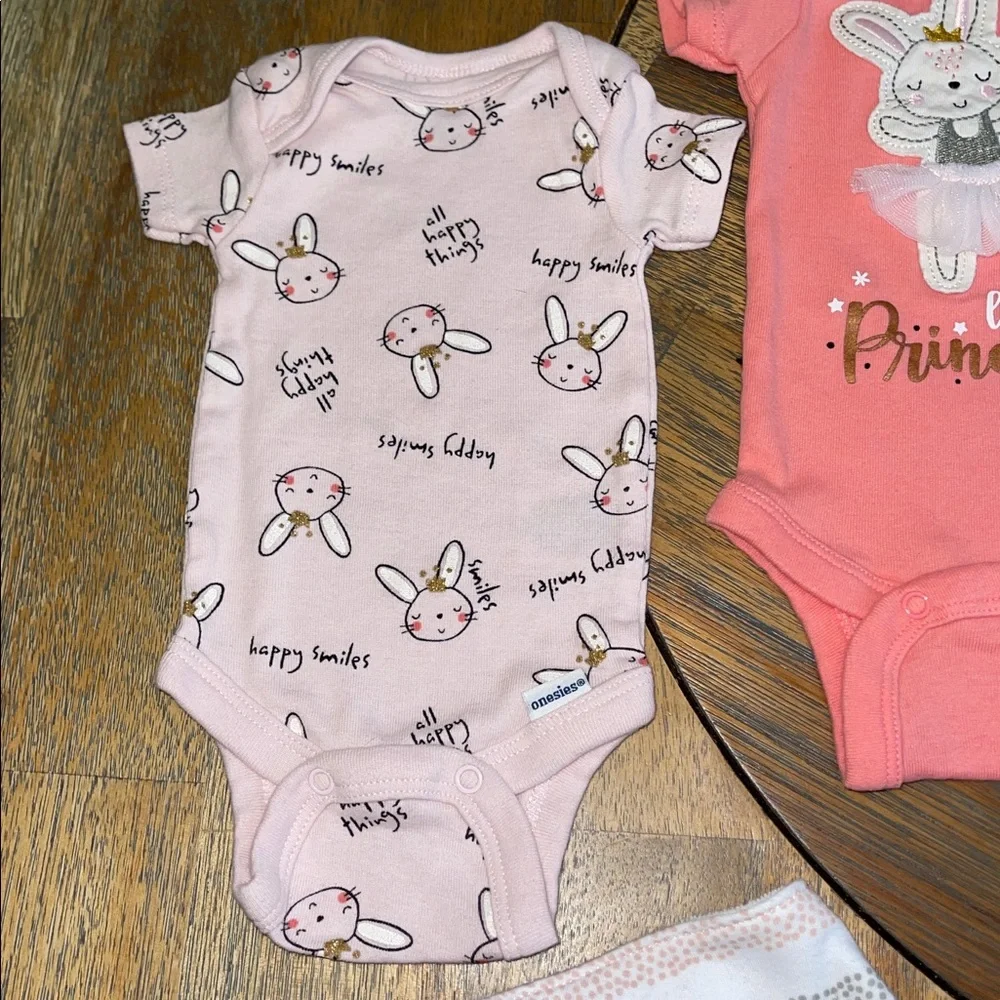 Gerber Chick Pea Baby Girl Bodysuit and Bib Set Pink Peach Bunny Newborn 5pc